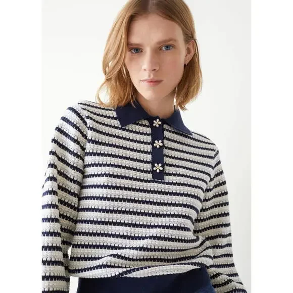& other stories Navy White Silver Lurex Striped Knit Polo Long Sleeve Sweater S - Picture 5 of 6